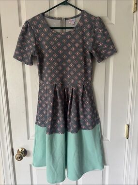LuLaRoe Gray and Mint Fit & Flare Midi Amelia Dress w/back zipper Size S